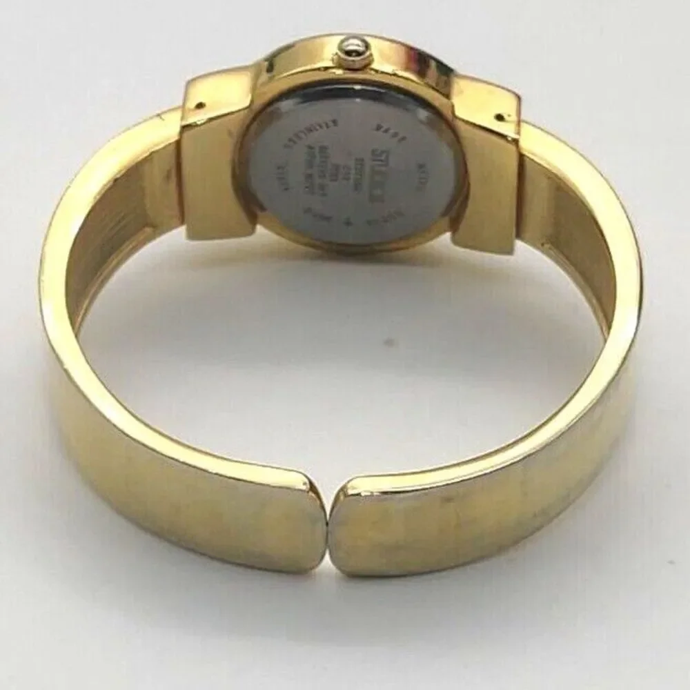 Studio Time Goldtone Creme MOP Face Bling Bezel Cuff Watch -Tested Working